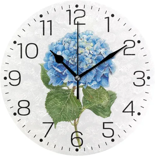 Tarity Reloj de pared de flores de hortensias azules, funciona con pilas, silencioso, moderno, redondo, decorativo, para sala de estar, cocina,