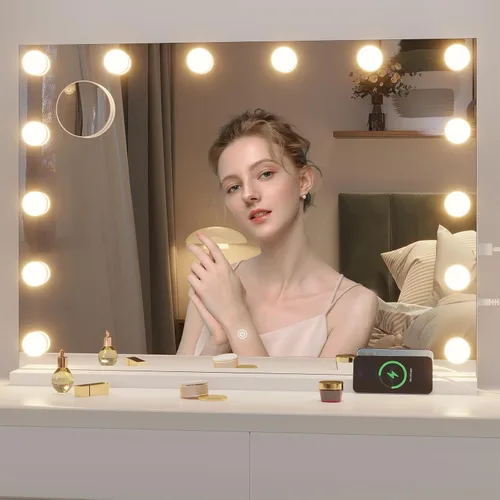 Miniatura 8 de Hasipu Hollywood Espejo de tocador con luces y altavoz Bluetooth, espejo de maquillaje de 29 x 20 pulgadas con 14 bombillas LED regulables, 3 modos
