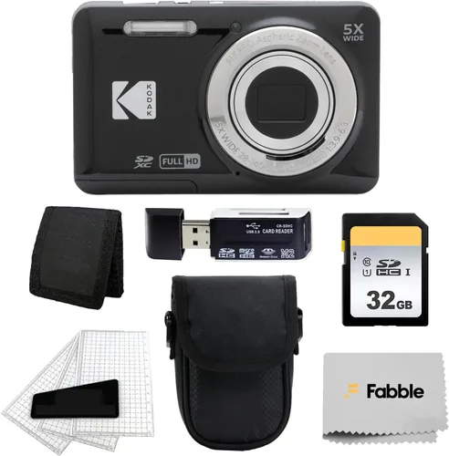 Cámara digital Kodak PIXPRO FZ55 (negra) + Funda negra para cámara de punto y disparo + Tarjeta de memoria SD de 64 GB Transcend + Cartera de