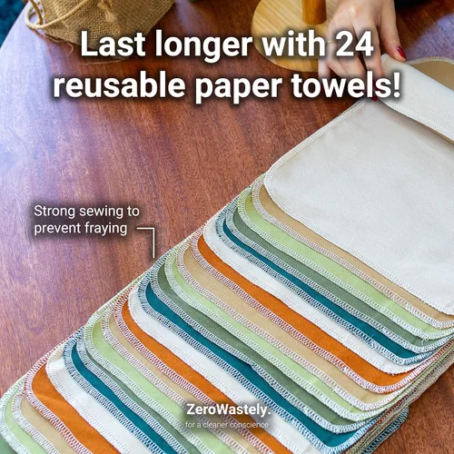 Miniatura 5 de Toallas de papel reutilizables, paquete económico de 24 toallas de papel sin papel. 100% algodón, súper suaves, absorbentes, lavables y hechas