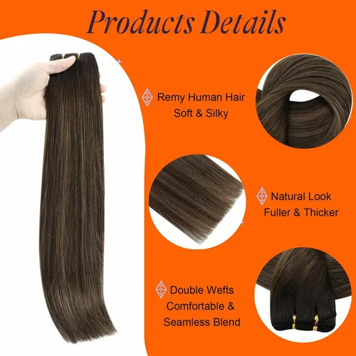 Miniatura 3 de Full Shine Extensiones de cabello humano de trama de cabeza completa, balayage, cosidas, extensiones de cabello humano real, color 2 marrón oscuro