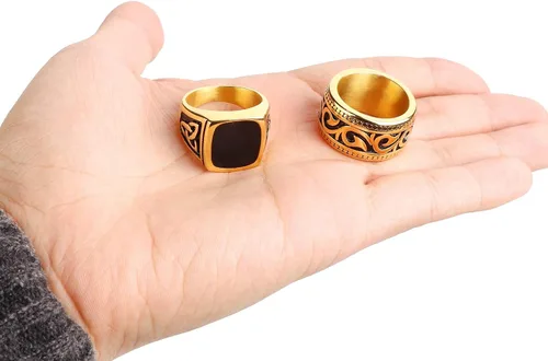 Miniatura 7 de FINREZIO Juego de 2 anillos chapados en oro de 18 quilates para hombre, de acero inoxidable, vintage, con sello y anillo de banda, tamaño 7-13, Metal