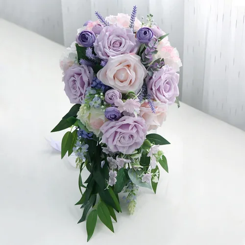 Miniatura 3 de MOJUN Ramos de boda para novia, rosa morada, taro, gota de agua, ramo de novia en cascada para novia, ramo de novia en cascada para ceremonia de F