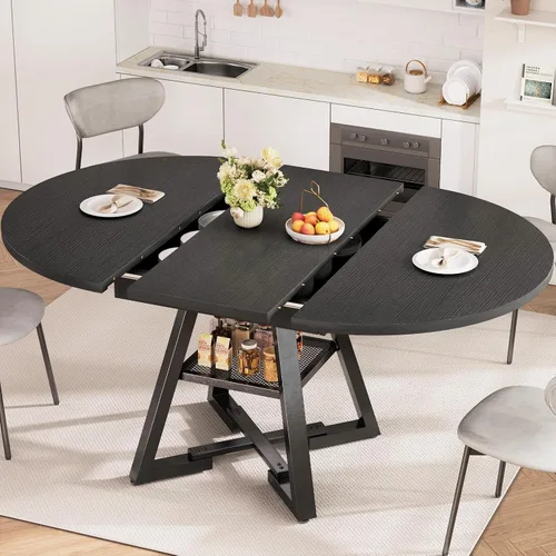 Miniatura 10 de Mesa de comedor redonda extensible de 43 a 57 pulgadas para 4-6, moderna mesa de comedor ovalada de cocina industrial con hojas extraíbles, base