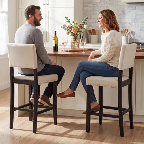Miniatura 3 de LSSBOUGHT Taburete de bar tapizado de tela de lino con patas de madera de goma, silla de bar con ribete clavado para isla de cocina
