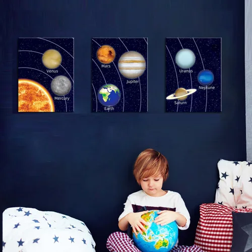 Miniatura 2 de KAIRNE Juego de 3 pinturas artísticas enmarcadas para habitación espacial de niños (12 x 16 pulgadas), imágenes de planetas, sistema solar, póster
