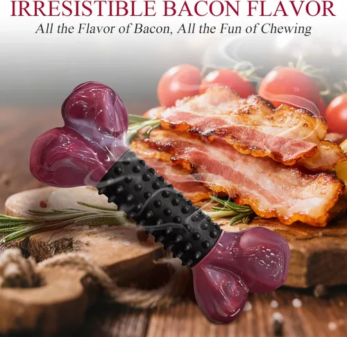 Miniatura 3 de Juguetes resistentes para perros masticadores agresivos de raza grande, hueso para masticar con sabor a tocino, juguete masticable de nailon y goma