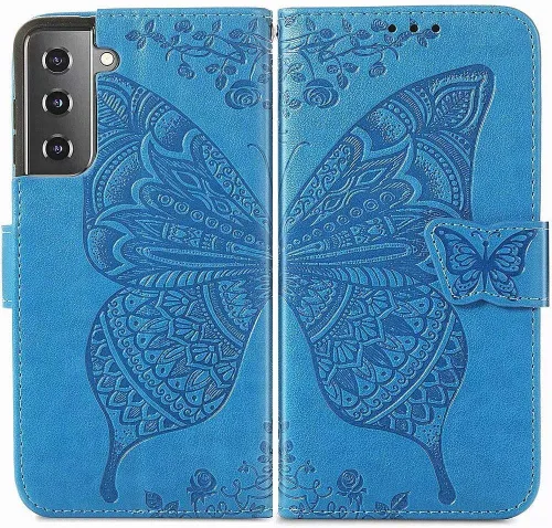 Funda tipo cartera para Samsung Galaxy S21, piel sintética de alta calidad con diseño de flores de mariposa en relieve, función atril, ranuras para