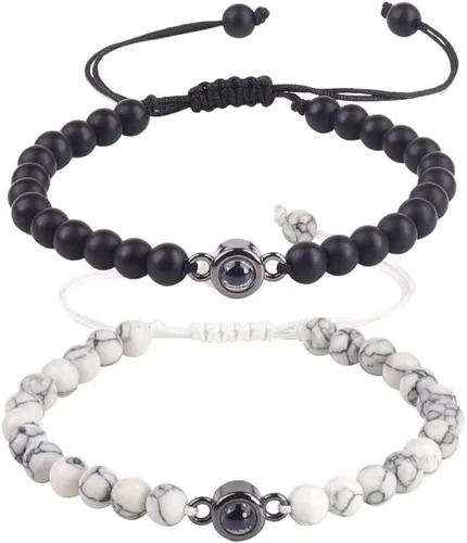 Miniatura 2 de Pulseras para parejas, pulseras de cristal curativo de proyección en 100 idiomas, ágata negra, blanca, turquesa, pulseras a juego para novio, novia