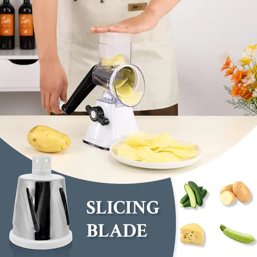 Miniatura 2 de Ralladores de queso con asa, trituradora manual de queso, rallador giratorio con 3 cuchillas de tambor reemplazables para verduras, frutas, Verde