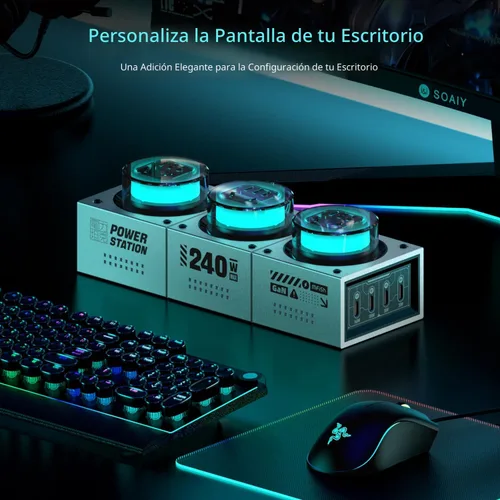 Miniatura 4 de MFish E-Tank - Regleta de alimentación de escritorio GaN de 240 W con luz RGB, estación de carga rápida 7 en 1 (140 W PD 3.1) y 3 salidas de CA