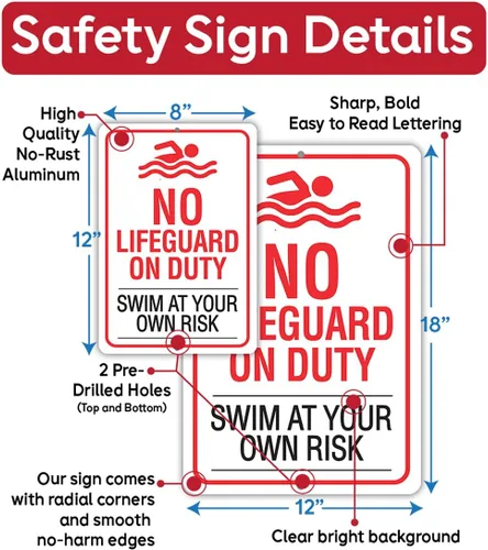 Miniatura 3 de Metal Sign-No Lifeguard on Duty, Swim At Your Own Risk- Use Indoor/Outdoor - Water Safety Notice Hazard Awareness Sign, For Beaches, Rivers, Lakes