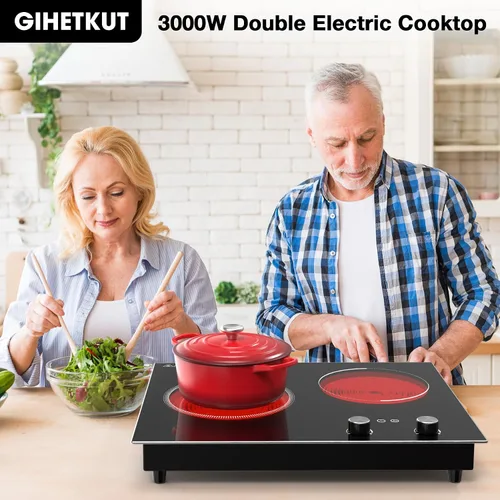 Miniatura 2 de GIHETKUT Placa de cocción eléctrica, 110V 2100W estufa de 2 quemadores, placa integrada y de encimera con 10 niveles de calentamiento, temporizador