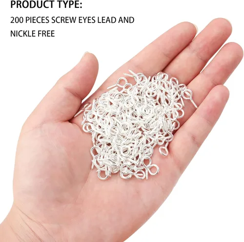 Miniatura 4 de 200 Pcs de tornillos de ojo de metal con ganchos 0.55 pulgadas/14 mm tornillos de ojo resistentes para hacer joyas DIY plateados con rosca