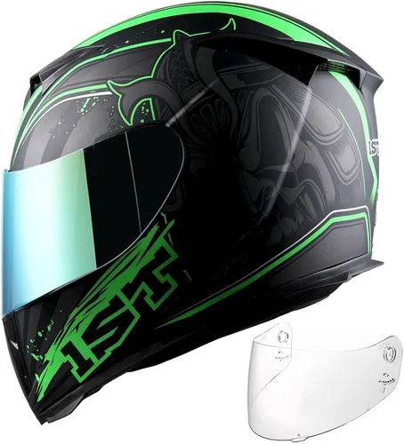 Miniatura 2 de Casco integral para motocicleta 1Storm con diseño de cráneo rey en mate negro + una visera transparente extra: HJK311 Verde cráneo