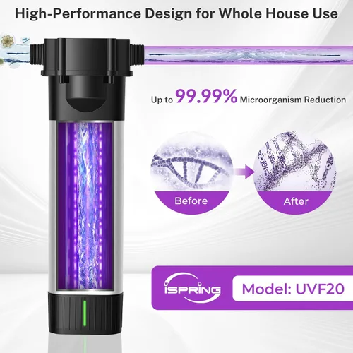 Miniatura 4 de iSpring UVF20 - Sistema de filtro de agua LED UV para toda la casa, hasta 11 años de larga duración LED UV purificador de agua con control de flujo