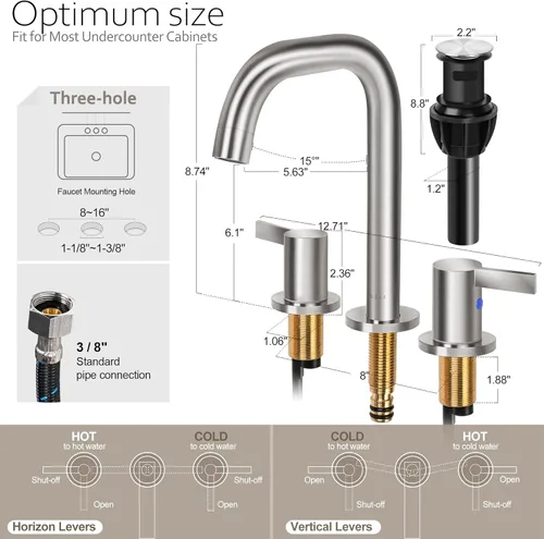 Miniatura 4 de SOKA Grifo de baño generalizado de 8 a 16 pulgadas, 2 asas, níquel cepillado, grifos táctiles para fregadero comercial, 3 piezas, lavabo de tocador