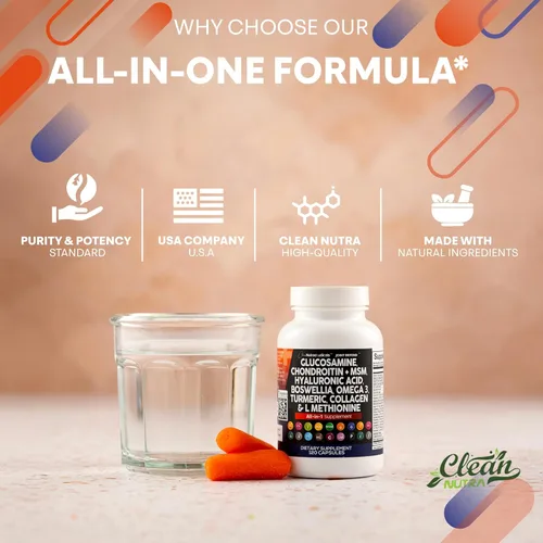 Miniatura 7 de Clean Nutraceuticals Glucosamina condroitina MSM 1500 mg con curcumina de cúrcuma, colágeno, ácido hialurónico, Omega 3 – Suplemento de salud