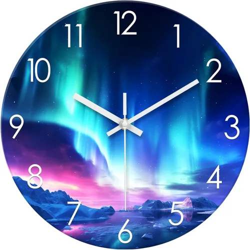 Miniatura 14 de XNM Relojes de Pared de Cristal Verde Azulado Operados con Batería 12 Pulgadas Aurora Relojes de Pared Modernos para Decoración de Sala de Estar