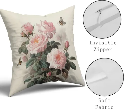 Miniatura 4 de Sweetshow Juego de 2 fundas de almohada con estampado floral de rosas rosadas de 18 x 18 pulgadas, diseño vintage de hojas y abejas, arte moderno