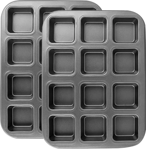 Beasea Bandeja para brownie con divisores, 2 juegos de moldes cuadrados para cupcakes para brownies, 12 mini cavidades antiadherentes para hornear,