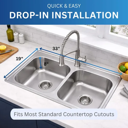 Miniatura 3 de Zuhnë Fortuna 33 - Fregadero de cocina con caída en el fregadero, cuenco doble de 33 x 19 x 8 pulgadas, acero inoxidable T304 18/10, acabado