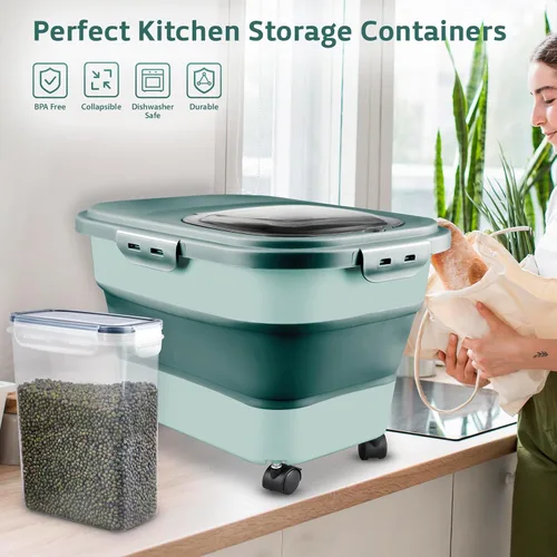 Miniatura 4 de Komzon Contenedores de almacenamiento de arroz, dispensador plegable de 20 a 30 libras de almacenamiento de alimentos con rueda rodante y tapa
