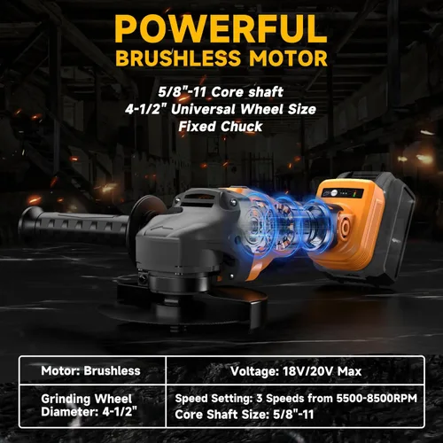 Miniatura 3 de Amoladora angular inalámbrica para batería Dewalt de 20 V, amoladora sin escobillas ajustable de 3 velocidades con hasta 8500 RPM, amoladora