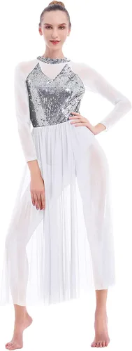 Miniatura 3 de AFAVOM Vestido de baile lírico para mujer, disfraz de baile contemporáneo, manga larga, malla de lentejuelas, falda de tul fluida, ropa de baile