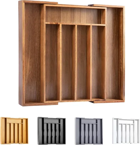 Bellsal Organizador de cubiertos de acacia, organizador de cajones de cocina, soporte de utensilios de bambú expandible, bandeja para utensilios de
