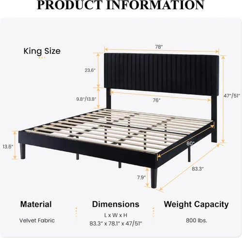 Miniatura 2 de SHA CERLIN Base de cama tapizada King con cabecera ajustable, tela de terciopelo capitoné de canal vertical, soporte de listones de madera, base