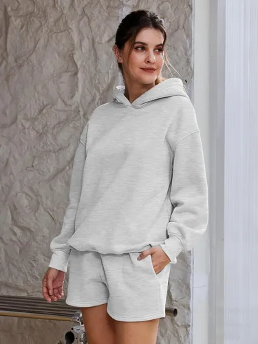 Miniatura 2 de AUTOMET Conjunto de 2 piezas para mujer, sudadera con capucha de gran tamaño, pantalones cortos casuales para otoño, moda con bolsillos