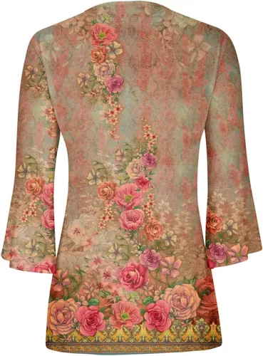 Miniatura 5 de Trompeta 34 Manga Tank Tops Mujer Floral Tie Dye Blusa Camisa básica fruncido corsé túnica plisado botón ropa