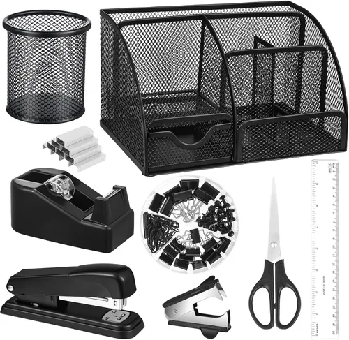 Organizador de escritorio negro y accesorios, kit de suministros de oficina de accesorios de escritorio negro incluye organizador de escritorio de