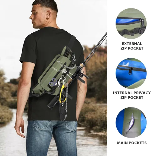 Miniatura 3 de THKFISH Riñonera de pesca impermeable con soporte para caña de pescar, cierre hermético con cremallera, bolsa ligera para pesca con mosca Verde