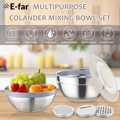 Miniatura 7 de E-far Colador con Juego de Tazón Mezclador, Coladores de Acero Inoxidable 4 en 1 con Ralladores para Cocina, Tazón Colador de Alimentos Giratorio