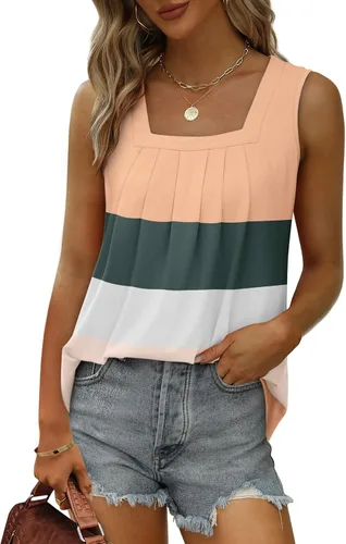 Miniatura 42 de Saloogoe - Camisetas sin mangas veraniegas para mujeres, plisadas con cuello cuadrado y dobladillo curvado, blusas de ajuste holgado con movimiento
