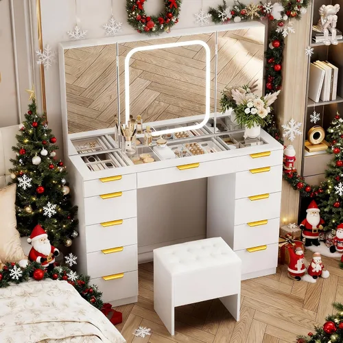 Miniatura 3 de Pamapic - Escritorio de maquillaje con 11 cajones y espejo plegable, tocador de maquillaje con superficie de vidrio y luces LED, 3 modos