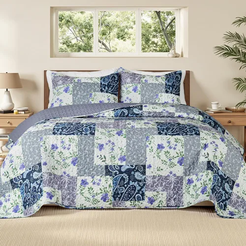Miniatura 20 de Whale Flotilla Colcha de retazos tamaño individual, colcha floral bohemia extra suave para cama, reversible, ligero, juego de ropa de cama con 1 Azul