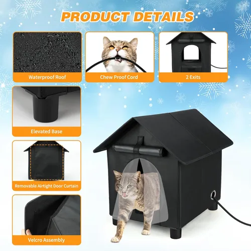 Miniatura 5 de Casas térmicas para gatos en invierno, impermeables, casa para gatos con calefacción elevada, aislada, exterior, refugio con puerta de escape