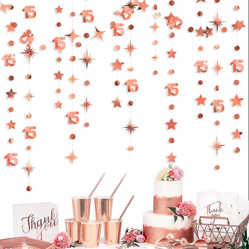 Miniatura 10 de Decoraciones negras de cumpleaños número 15, guirnalda de estrellas centelleantes con el número 15, pancarta metálica para niñas y niños, vítores a