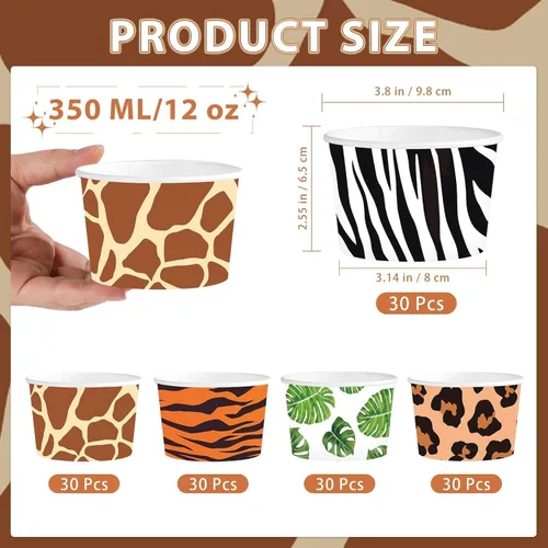 Miniatura 2 de 120 tazas desechables de 12 onzas de helado de animales de safari en la selva, leopardo, tigre, cebra, jirafa, papel con estampado de jirafa