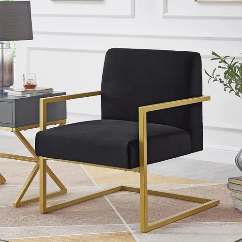 24KF Cómoda silla de acento de moda, cojín de terciopelo y soporte dorado de metal con brazo cuadrado, color negro