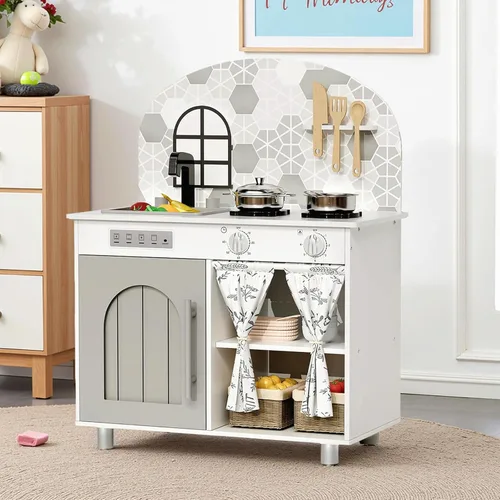 Arlopu Juego de cocina interactiva para niños con armario con cortina, perillas, grifo y fregadero, lavadora, accesorios de utensilios de cocina de
