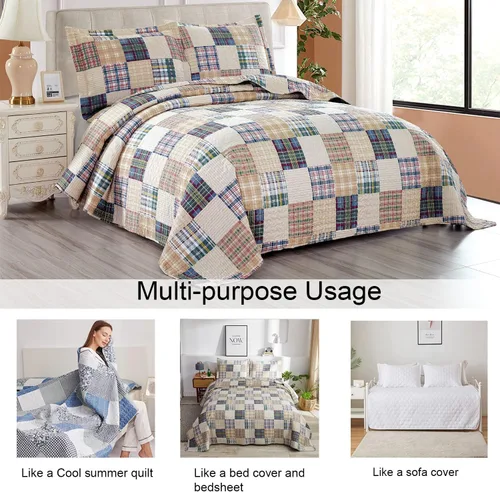 Miniatura 5 de Juego de colcha a cuadros Ycosy, color beige, tamaño king, ropa de cama de retazos, colcha reversible, colcha a cuadros, colcha ligera, suave, juego
