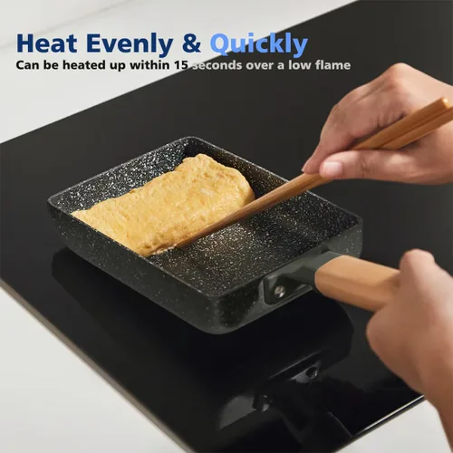 Miniatura 2 de Sartén cuadrada con revestimiento cerámico japonés Tamagoyaki para tortilla, pequeña sartén rectangular antiadherente con asa de madera (Gris oscuro)