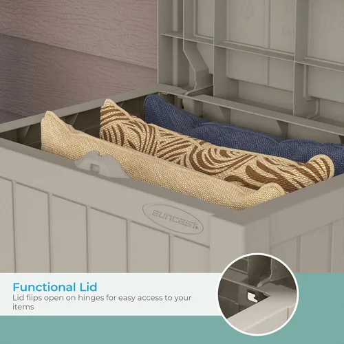 Miniatura 6 de Suncast Caja de Almacenamiento para Exteriores - Caja de Cubierta Exterior de Resina Color Gris Pardo Claro de 22 Galones con Asiento, Contenedor