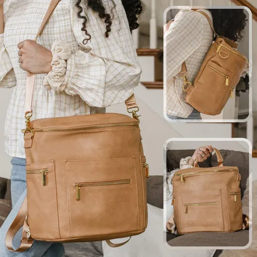 Miniatura 7 de miss fong Mochila para pañales de bebé, mochila grande de cuero para pañales con 15 bolsillos, organizador de bolsa de pañales, almohadilla Maní