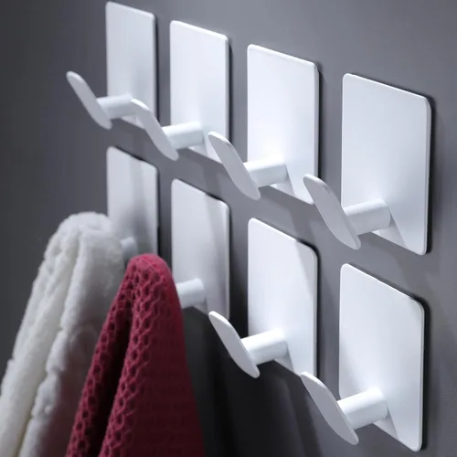 Miniatura 24 de DELITON Paquete de 4 ganchos adhesivos para toallas - Blancos, ganchos autoadhesivos resistentes para pegar en la pared, para colgar batas, abrigos