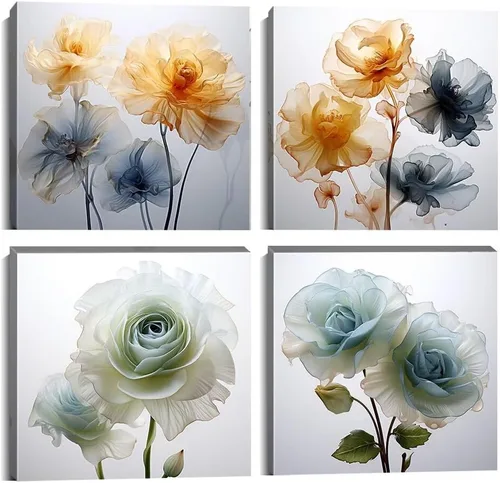 Wall HDQ Arte de pared de flores para baño, dormitorio, sala de estar, decoración de pared azul y naranja, pintura floral, lienzo impreso, imagen